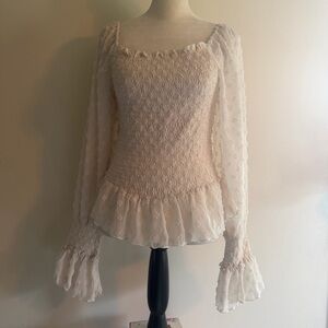 Smocked Square-Neck Peplum Blouse in Cream